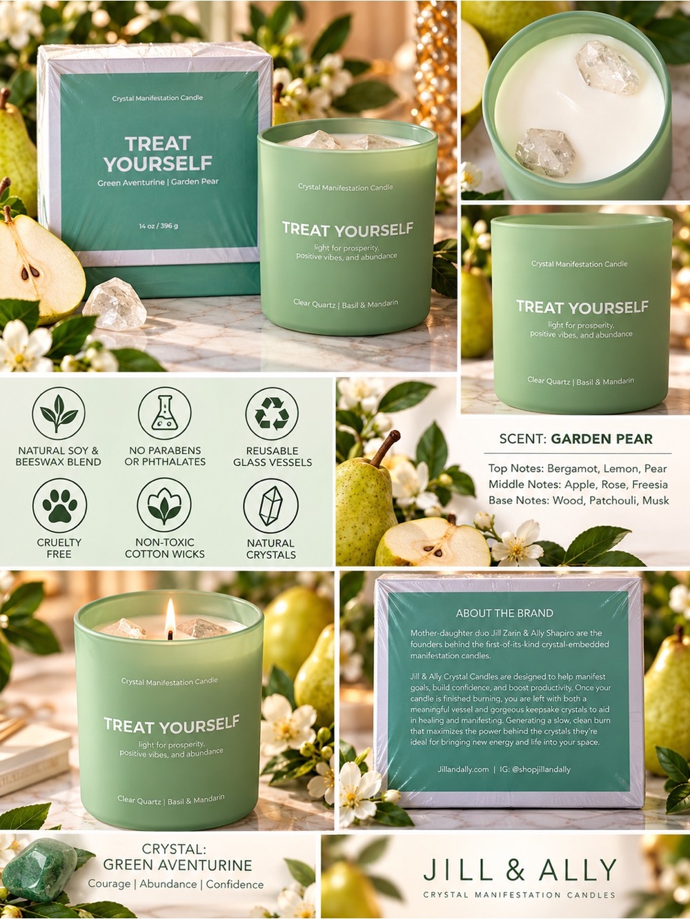 Jill & Ally Treat Yourself Green Aventurine Garden Pear Crystal Candle 14 oz